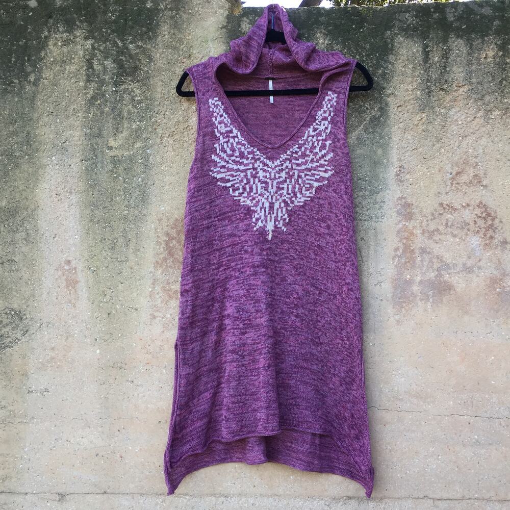 Free People Hooded Knit Embroidered Tunic Mauve Pink Heather M